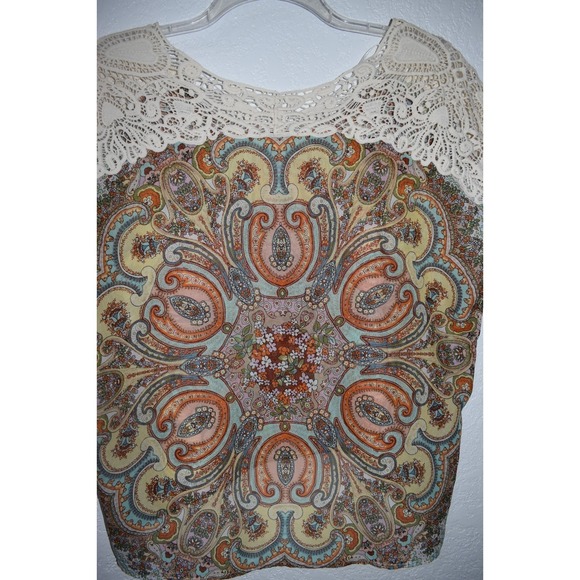 One World Sleeveless Top Large Crochet Shoulders High-Low Hem Sheer Boho Hippie - Picture 14 of 16